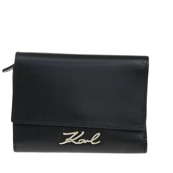 Karl Lagerfeld Signature Trifold Compact Wallet Leather Black GHW 03KP055 - Picture 1 of 13